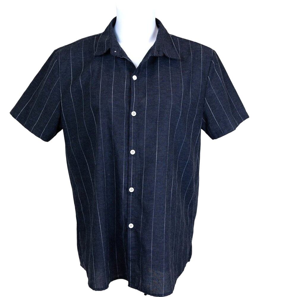 Shein Gray Pinstripe Casual Woven Mens Button Down Shirt, Large.